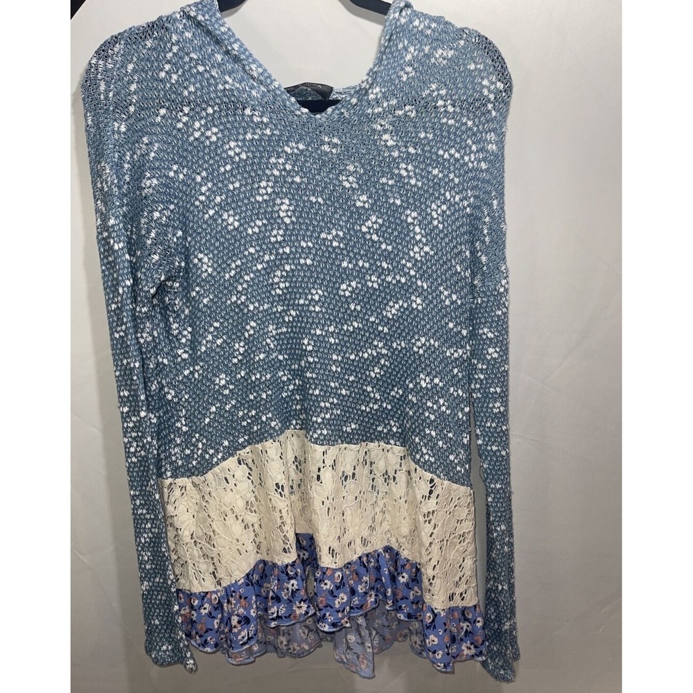 Love Kuza Boho‎ Ruffle Peasant Lacy Hooded Light Knit Top Sz Large